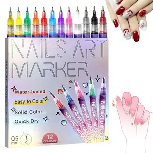 12 Color Nail Art Pens Set, 0.5MM Nail Pens Nail Point Graffiti Dotting Pen Drawing Painting Liner Brush for DIY Nail Art Flower Design Nails Beauty Adorn Manicure Tools