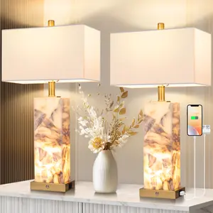 FLOWGO Natural Marble Table Lamps 2 PC: 3-Color Temperatures Alabaster Lamp with Nightlight, Modern Table Lamp, Nightstand Lamp, Bedside Lamps with USB Ports, Bedroom Lamps for Night Stands End Table Lamps for Living Room, Bulbs Included