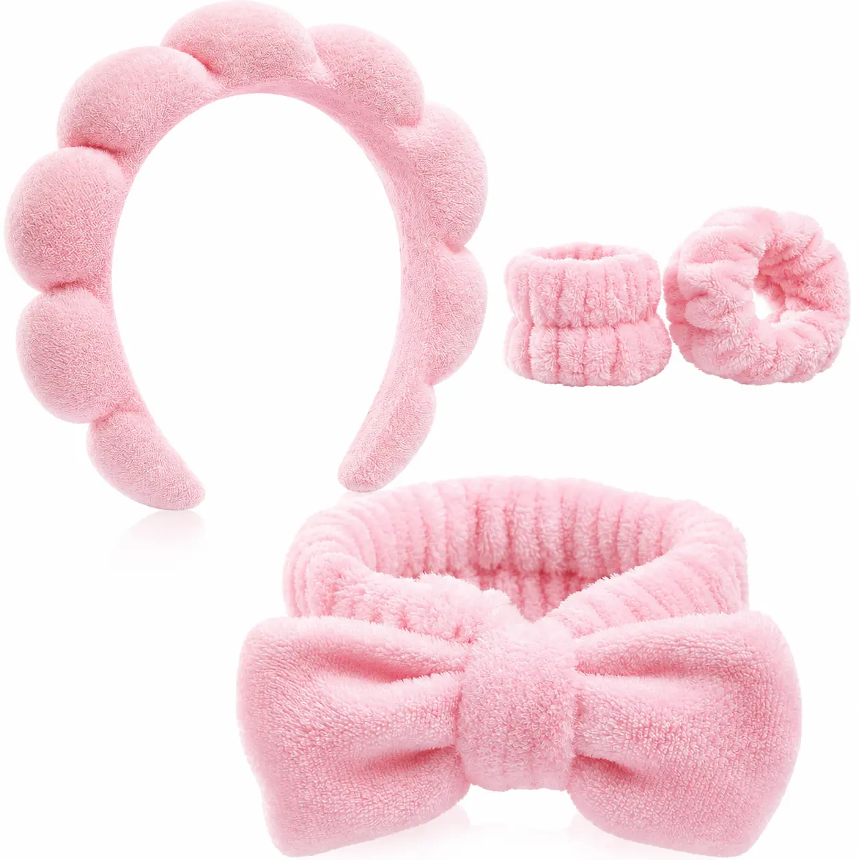 Spa Headband & Wristband Set for Women, Soft Bubble Bow Face Washing Headband with Absorbent Wristbands for Skincare, Makeup & Beauty Routine