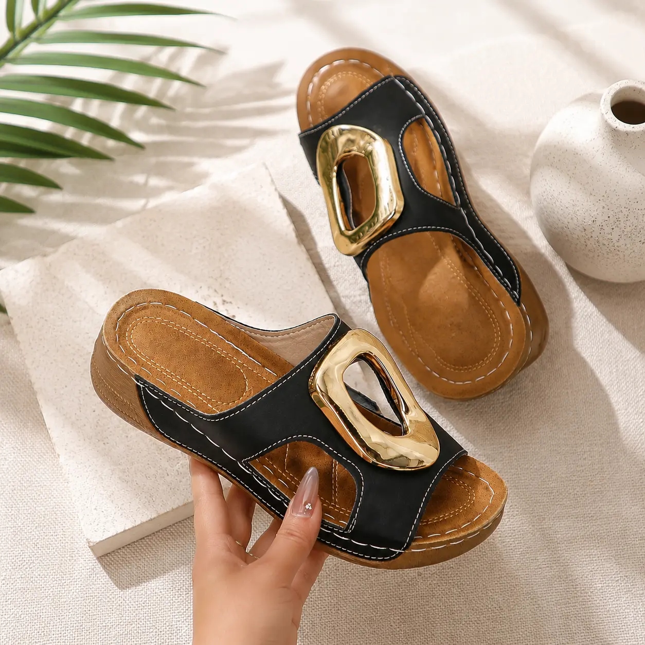 The Perfect Summer Sandals for Women, Chic Black Slides with Gold Buckle, Comfortable Everyday Shoes