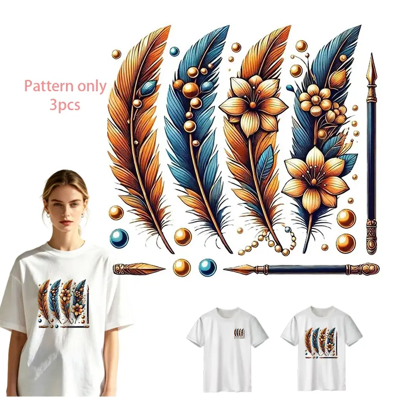 Feather and Floral Pattern Heat Transfer Vinyl for DIY Clothing - Washable DTF Iron-On Stickers for T-Shirts, Jeans, Hoodies, Backpacks, Creative Fashion Design, Decorative Apparel Accessories