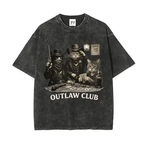Vintage Outlaw Club Cats Cowboy Graphic Tee Heavyweight Washed Oversized T-Shirt Unisex Distressed Retro Streetwear