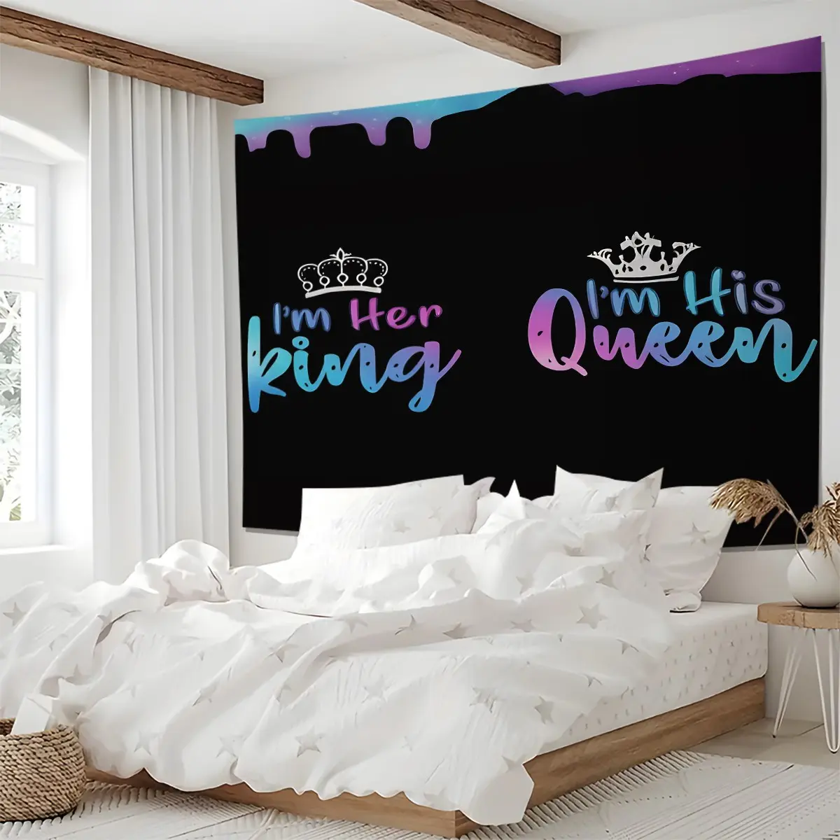 Pink Queen Crown Tapestry, Romantic Couple King & Queen Wall Hanging, Black Wall Blanket Backdrop Decor, Gradient Drip Design Tapestries for Bedroom & Living Room, Ideal for Valentine’s & Couple’s Home Decor