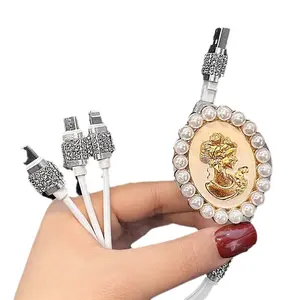 Diamond-encrusted car data cable, one-to-three, full diamond, high-end car data cable suitable for Apple iPhone