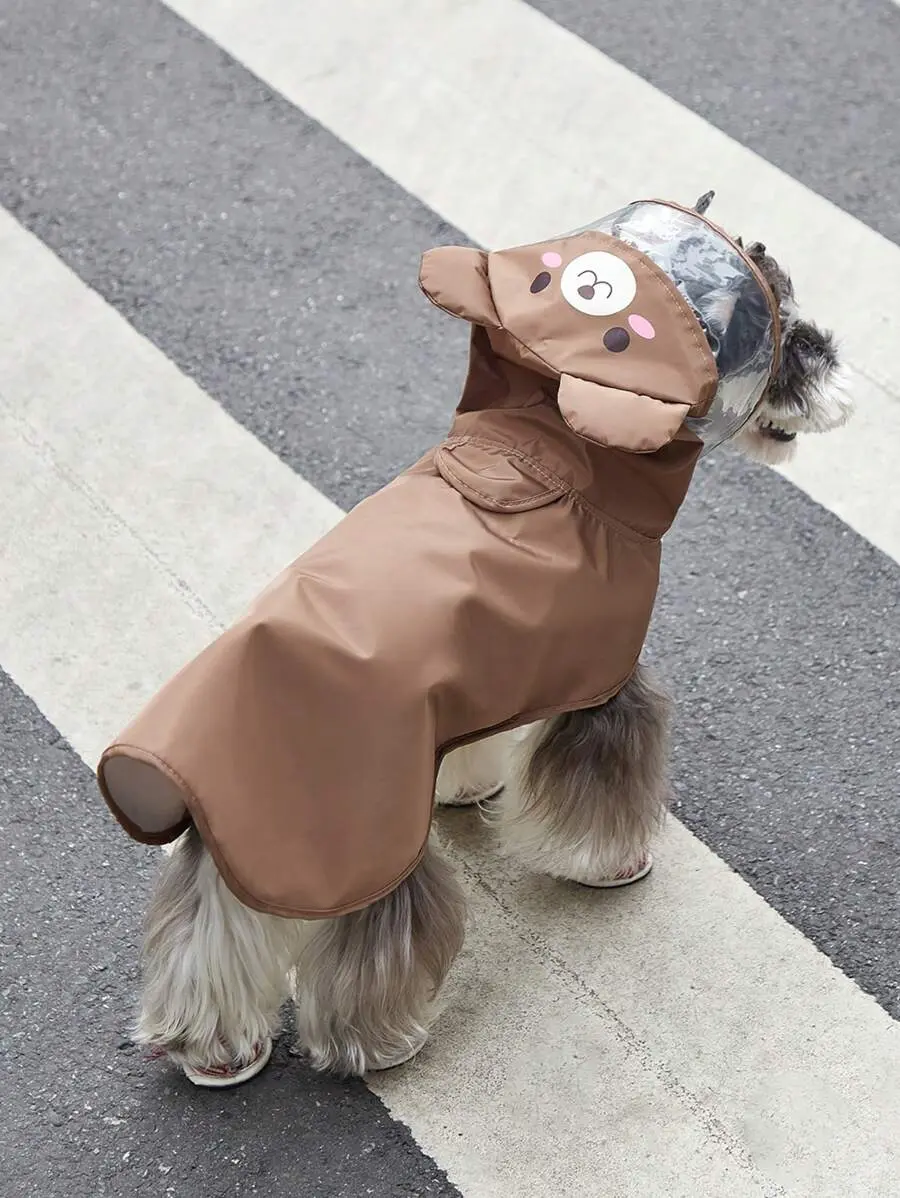 1pc Fabric Cartoon Bear Design Hooded Pet Raincoat For Dog And Cat For Rainy Day