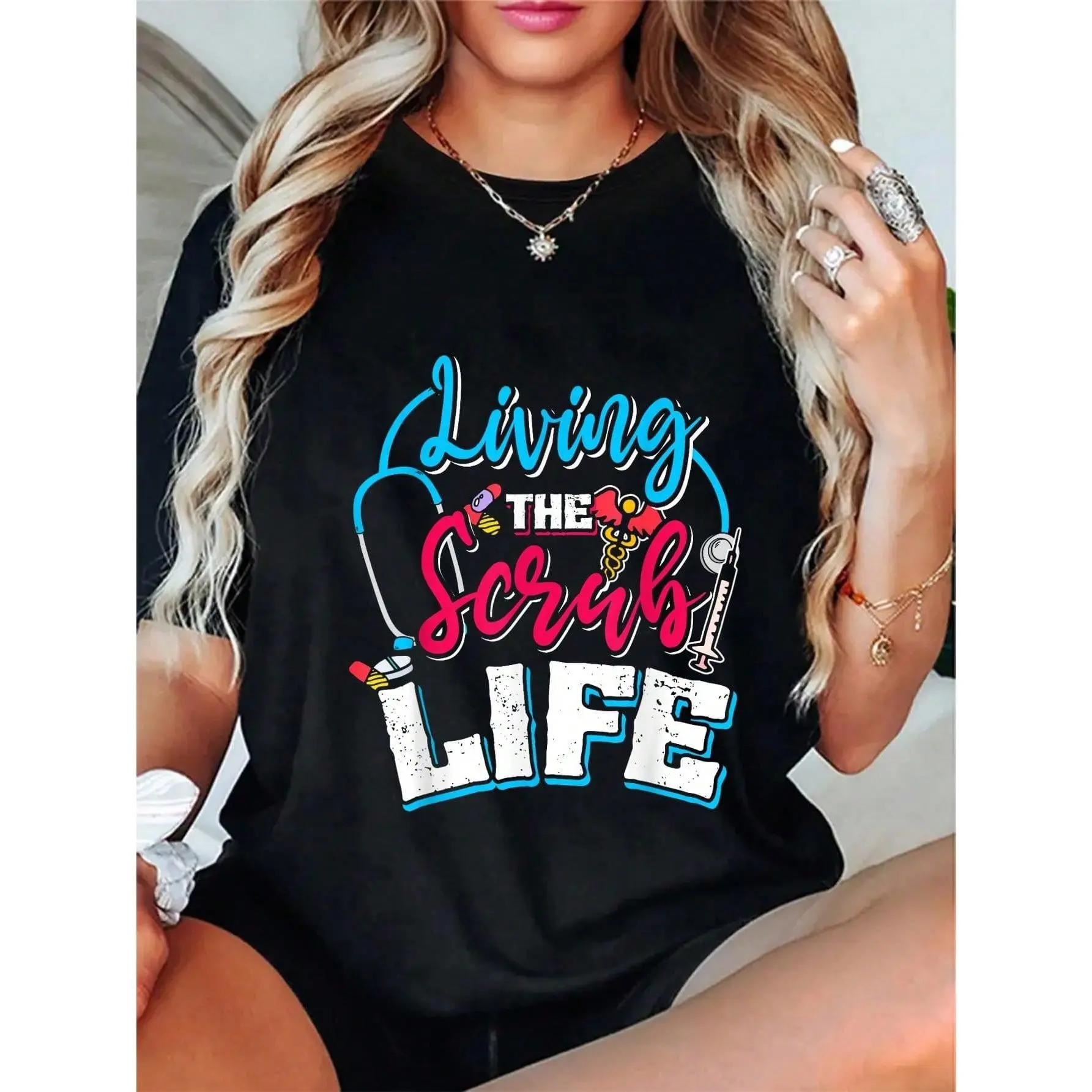 100% Cotton Nurse Tees Medicine Gift Idea Living The Scrub Life Nurse T-Shirt Round Neck Short Sleeve T-Shirt Women's Men Graphic Tee
