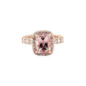 The Julia Engagement Ring 14K Rose Gold 2D Halo w/ Under Halo and Diamond U Prong Radiant Pink Morganite Engagement Set