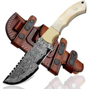 Handmade Damascus Hunting Knife with Sheath - Fixed Blade Camping & Survival Knives for Men, Horizontal Carry Tracker-Style Outdoor Gifts for Men