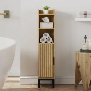 Small Bathroom Storage Cabinet, Corner Narrow Toilet Paper Floor Cabinet with Door and Shelves,Bathroom Organizer with Adjustable Shelf, for Small Spaces (Oak)