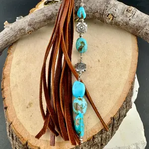 Handmade Turquoise Stone Bag Charm with Stainless Steel Tribal Cross & Purse Tassel - Southwestern Style Luggage, Bag Accessory
