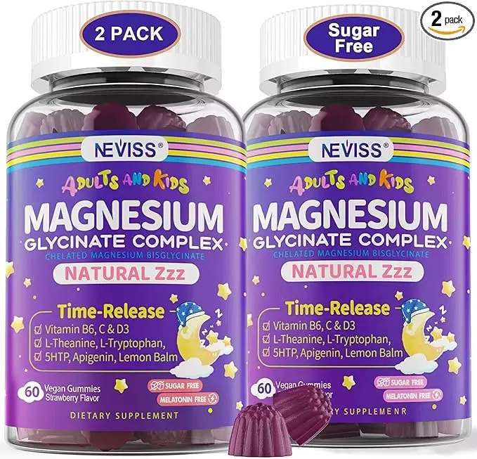 2Pack Magnesium Glycinate Gummies for Adults & Kids 4+,. Sugar Free Magnesium Bisglycinate Supplement 400/200mg with B6D3, 5HTP, L-Theanine for Sleep & Relaxation, Brain, Muscle, Melatonin Free Gummies,