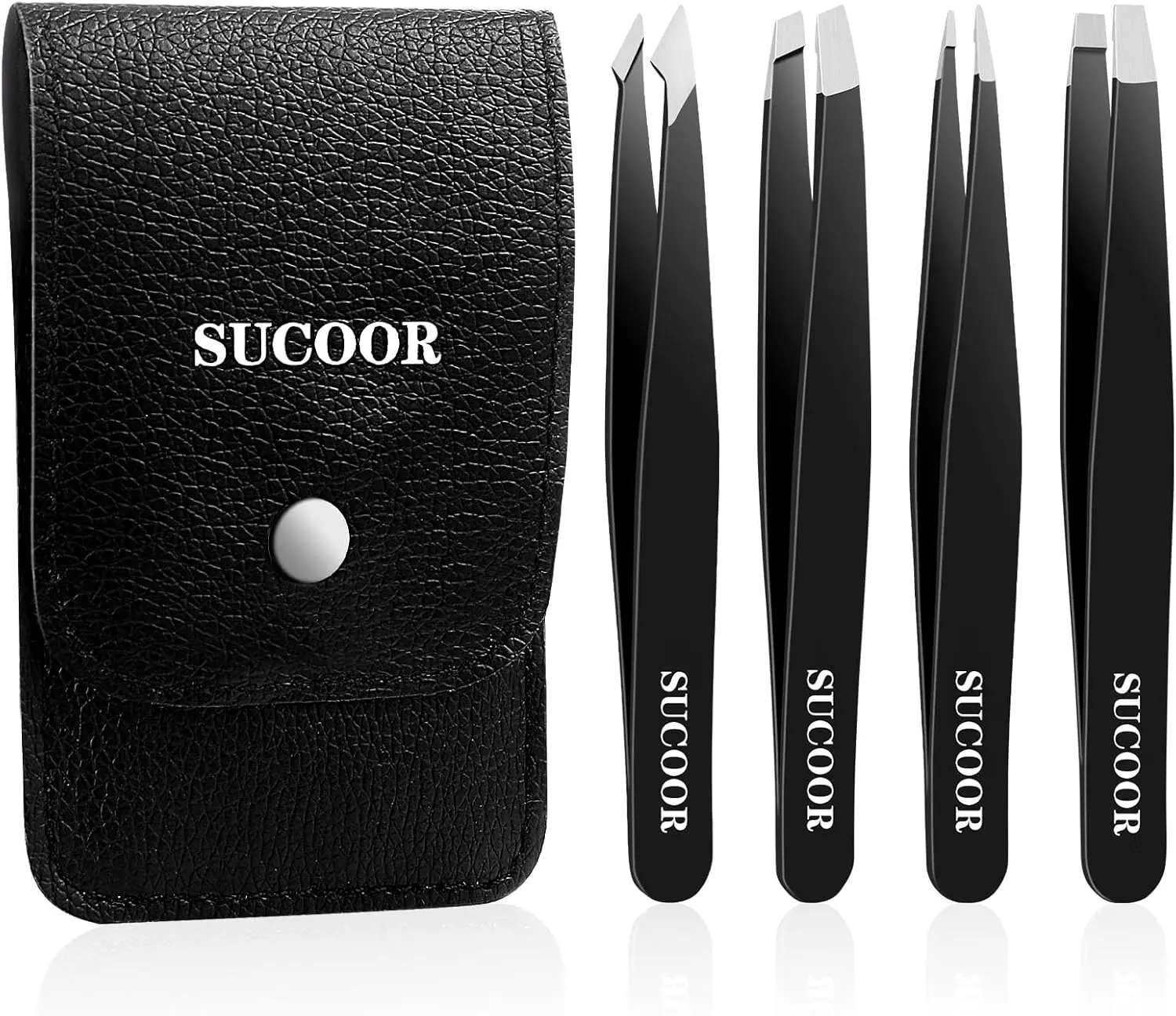 Tweezers for Facial Hair, 4Pcs Beauty Stainless Eyebrow Tweezers for Splinter Blackhead and Ingrown Hair Removal, Black