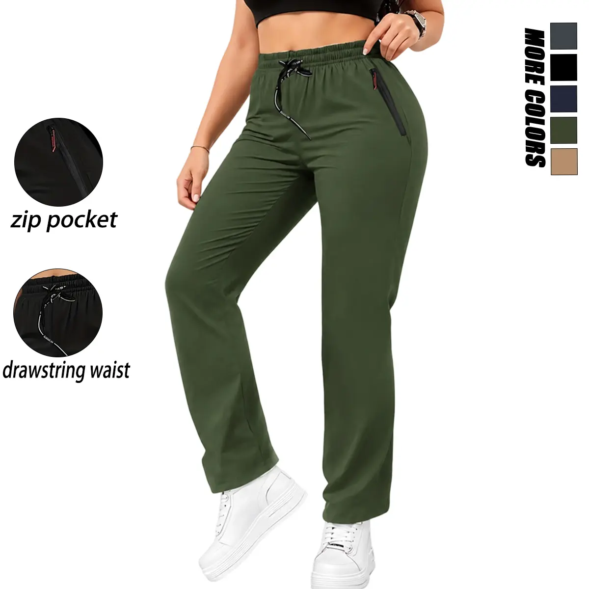 Women’s sports casual long pants, lightweight and breathable, stylish pocket design, drawstring elastic waistband, casual outdoor long pants suitable for jogging outdoors and everyday wear.