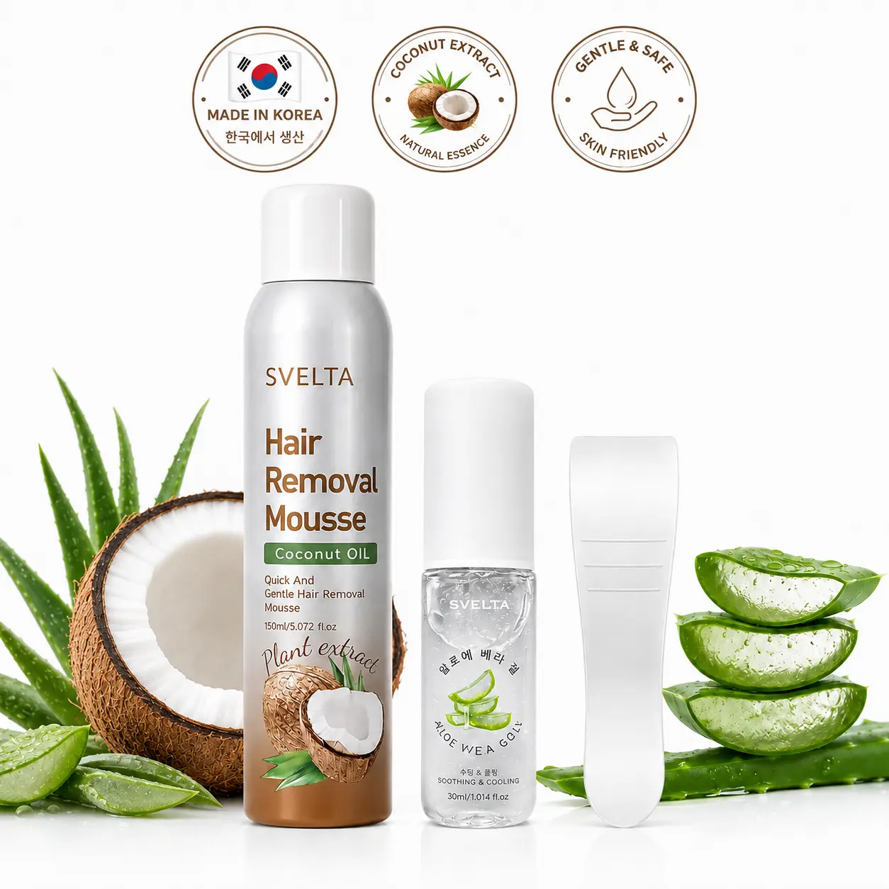 SVELTA Korean Bikini Hair Removal Cream Mousse, Fast-Acting Depilatory Foam for Sensitive Skin with Coconut Oil, Aloe Vera Gel & Scraper, Gentle K-Beauty Body Hair Remover for Women & Men, Legs, Arms & Underarms,back to school