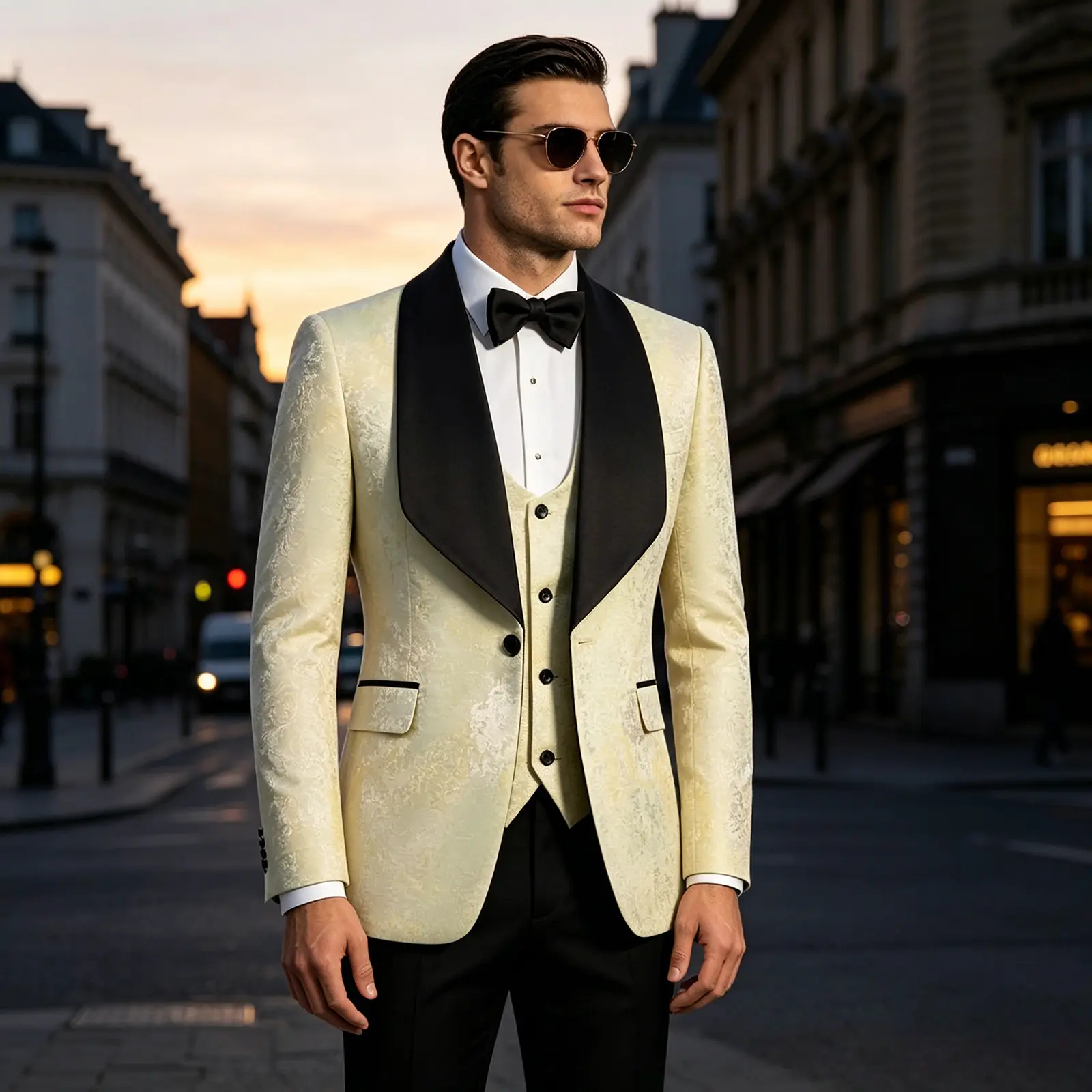 Men's 3-Piece Champagne Floral Jacquard Tuxedo Suit - Slim Fit Elegant Formal Wear, Longsleeves Satin Shawl Lapel Blazer, Vest, Pocketed Black Pants Set with Drape Fabric for Wedding, Prom
