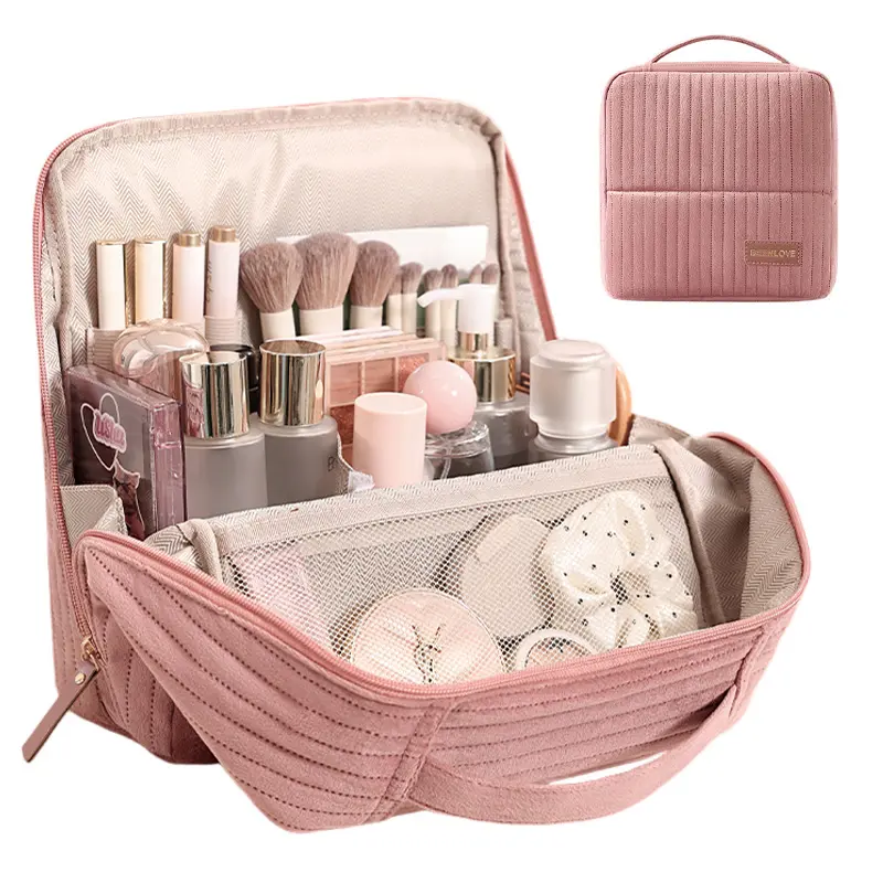 Women's Chic Corduroy Casual Basic Makeup Bag - Large Organizer with Brush Slots, Collapsible Portable Makeup Pouch, Handheld Functional Pouches Make-Up Bags for Travel & Daily Use, Zipper Closure