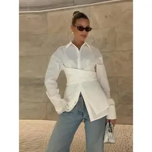 Waist - cinching and belt - tied turnover - collar shirt, a new casual style for spring 2025, single - breasted and figure - flattering top Fabric Fit Soft Womenswear Blouse Breathable Button Elegant