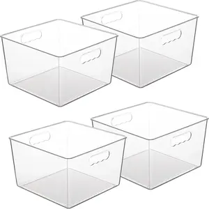 4 Pack Extra Large Clear Plastic Storage Bins,11x11 Cube Acrylic Organizer Square Containers with Handle for Pantry,Closet,LaundryRoom,Kitchen,Bathroom,UnderSink Organization