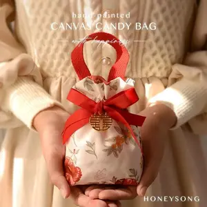 Wedding Candy Christmas Gift Packaging Bag Bowknot Handbag Floral Canvas Drawstring Bag Small Flower Pouch Jewelry Packaging Bag