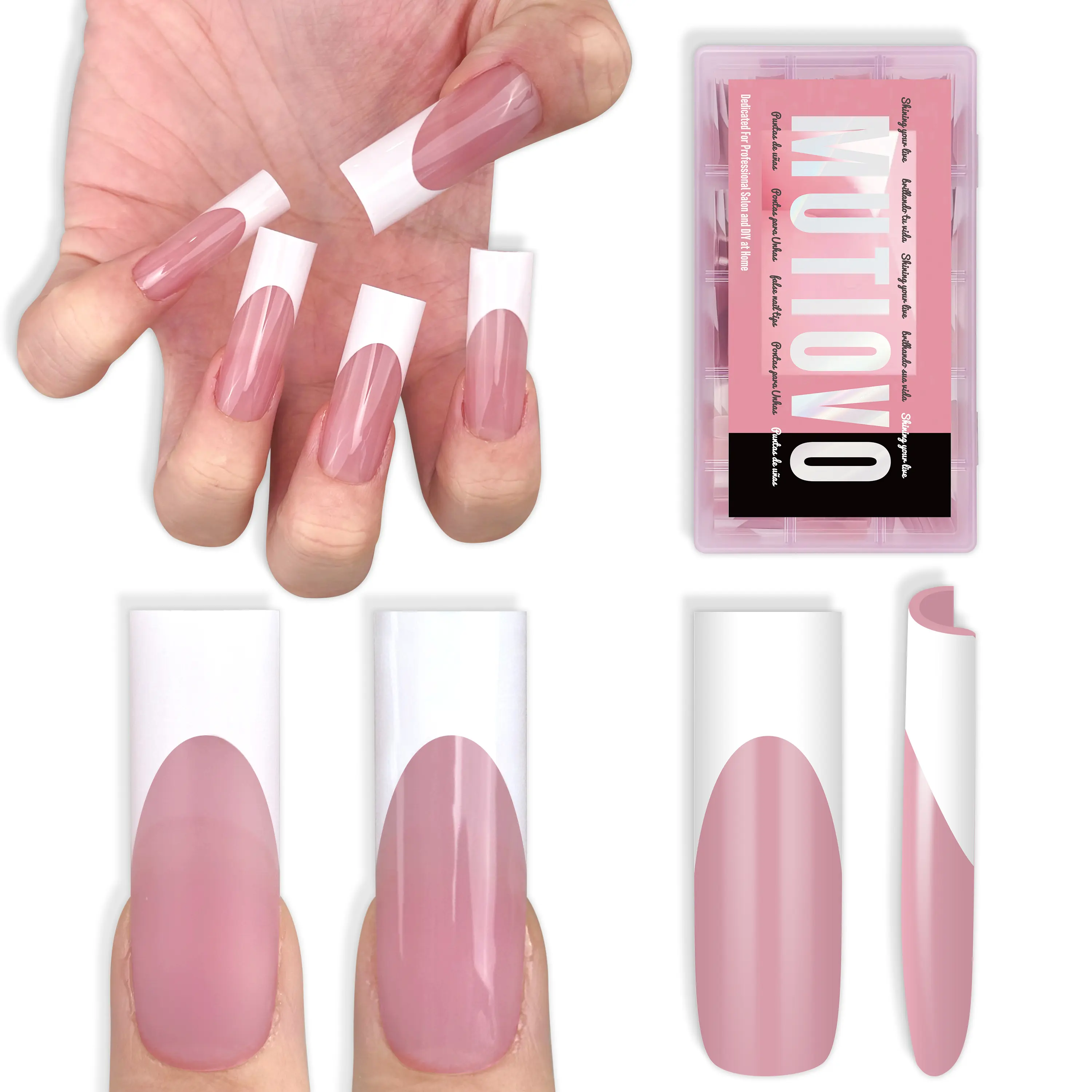 MUTIOVO White French Tip Long Straight Square Nail Tips Press on, BERRY PINK Extra Thick Soft Gel Nail Extension, Full Cover False Nails, NEED Builder Glue Gel & Top Coat, for DIY x 15 Sizes 180 pcs