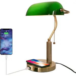 Glass Bankers Desk Lamp USB   Port LED Desk Lamp Classic Retro Pull Chain  Table lamp Reading Modern for Home Office nightstand Bedside Study Desk Library (Green)