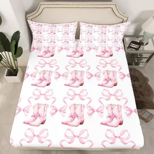 Cowgirl Boots Bedding Set,Western Cowgirl Theme Princess Style Bed Set for Teens Kids Sheet Watercolor Pink Bowknot Ribbon Bow-tie Stripes Bed Cover(1 Fitted Sheet )