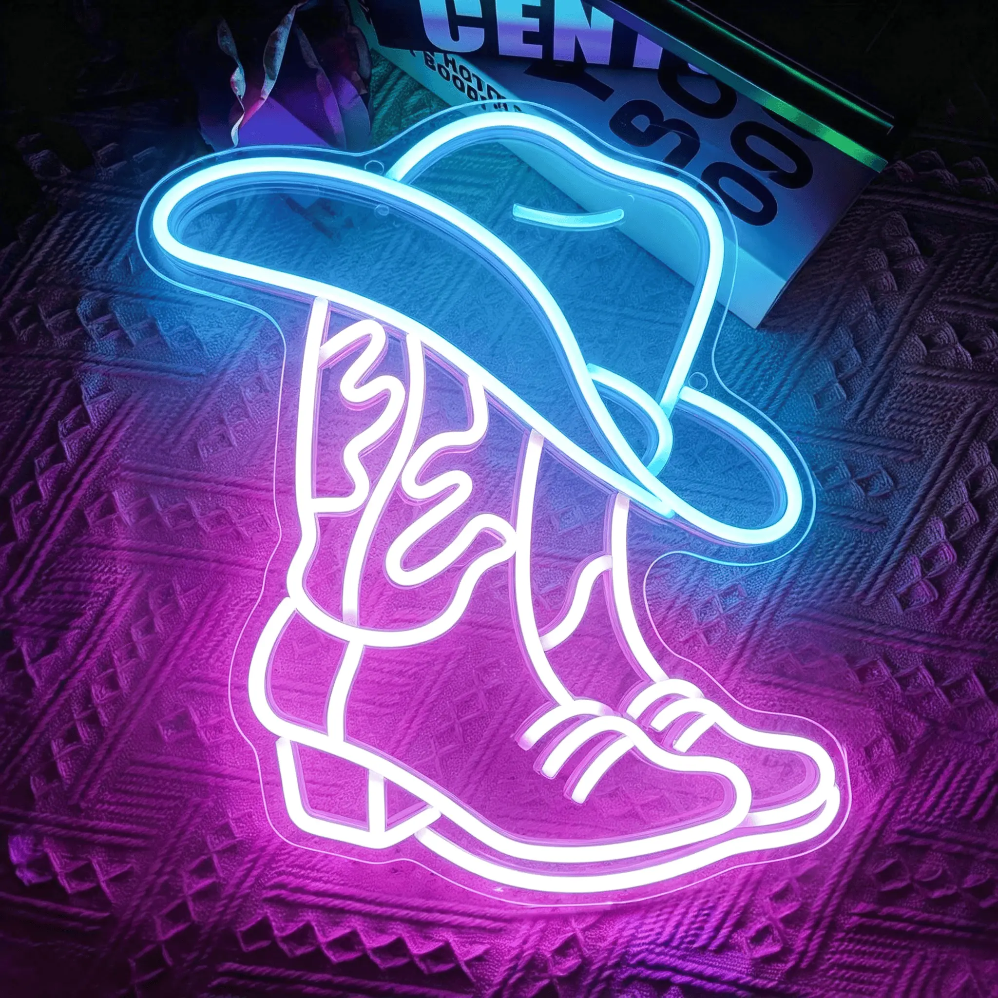 Contemporary Cowboy Hat-Boot Logo Plastic LED Neon Light, LED Atmosphere Lamp, USB-Powered, Easy to Install, Hanging Indoor/Outdoor Home & Christmas Party Decoration