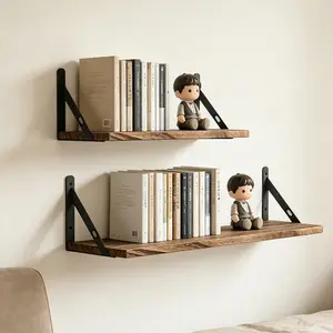 Floating Wall Shelf with Sturdy Bracket, Rustic Style Book and Plant Holder, Space-Saving Multi-Functional Storage for Bedroom and Living Room