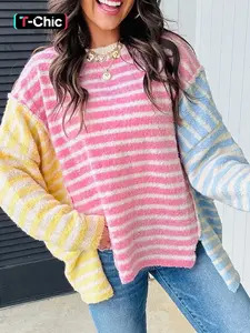 Women's Casual Commuter Loose Striped Patchwork Dolman Sleeve Long Sleeve Pullover Sweater Tops, Stylish and Comfortable Knitwear for Everyday Wear Knitted Shirt