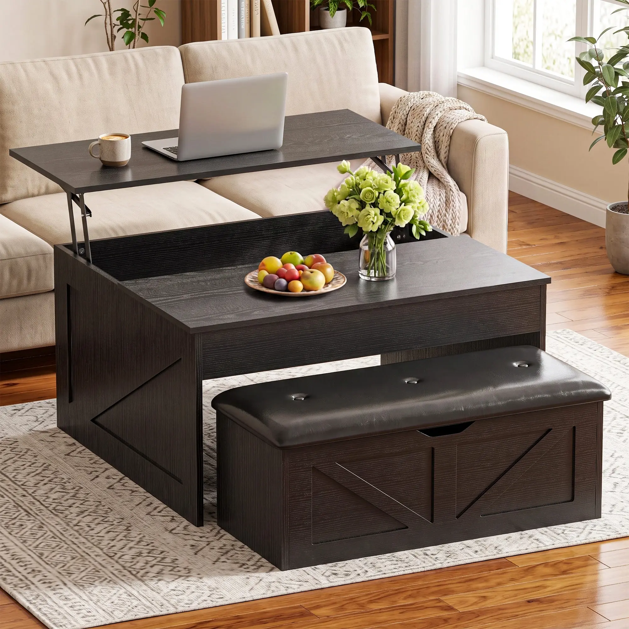 Coffee Table, 31.5 Lift Top Coffee Tables with Storage Hidden Compartment, Farmhouse Coffee Tables with Ottoman Bench, Center Table with Wooden Lift Tabletop for Living Room, Black