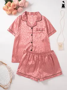 Plus Size Women's 2 Piece Pajama Set, Short Sleeve Lapel Top and Shorts, Satin Feel Fabric with Leopard Print, Ideal for Home Wear, Loungewear, Nightwear, Pjs