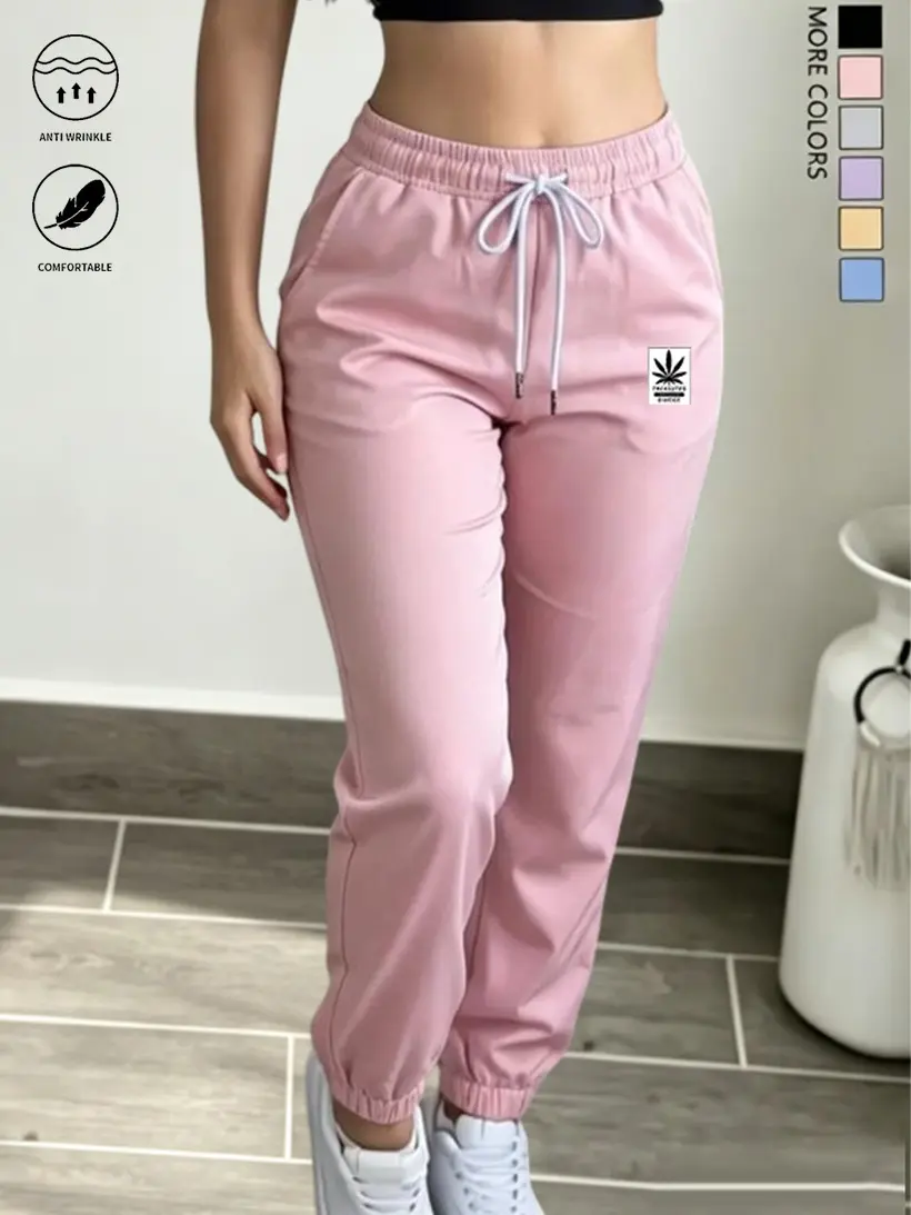 Clean Gent women’s lightweight jogger sweatpants; all-season drawstring design with stylish print detailing; cuffed joggers suitable for outdoor sports and everyday wear; summer vibe; stretchy fabric.Casual sportswear (new autumn arrivals)
