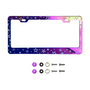 Laser etched Stars Pattern logo License Plate Frame Neo Chrome Aurora Electroplating Burnt Titanium Mirror Chrome Universal Fit Anti Rust Metal Screw On Cap Cover, T304 Stainless Steel, Rust Proof w/Silicone Back Guard (Qty: 1 Frame)