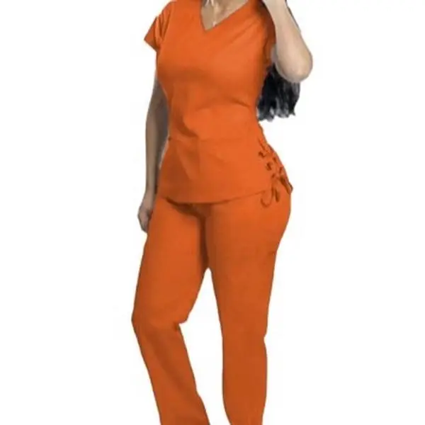 Stretched 2 Pieces Set - Stacked Pants & Laces Side, V-Neck Shirt, Women's Clothes - Womenswear