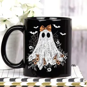[Sale off up to 50%] Halloween Lace Ghost Themed Black Mug, Spooky Ghost Mug, Gothic Coffee Cup, Unique Gift for Halloween, Witchy Home Decor