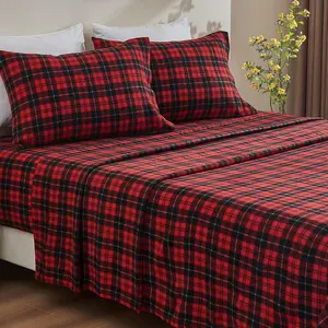 Flannel Sheets  Size 15" Deep Pocket Sheet Set Double Brushed Extra Soft Comfort Breathable 4 count Red Plaid Fleece Bed Sheets  Bedding Warm Cozy Non Pilling