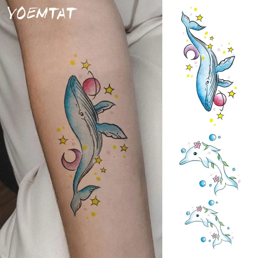 2pcs Waterproof Temporary Tattoo Sticker Colorful, Dreamy, Romantic Dolphins, Whales, Bubbles, Stars, Moon Cute Patterns Body Art Arm Fake Tattoos Sleeve  For Women Men Aldult Hands Neck Shoulders Back Waist Abdomen Legs Ankles