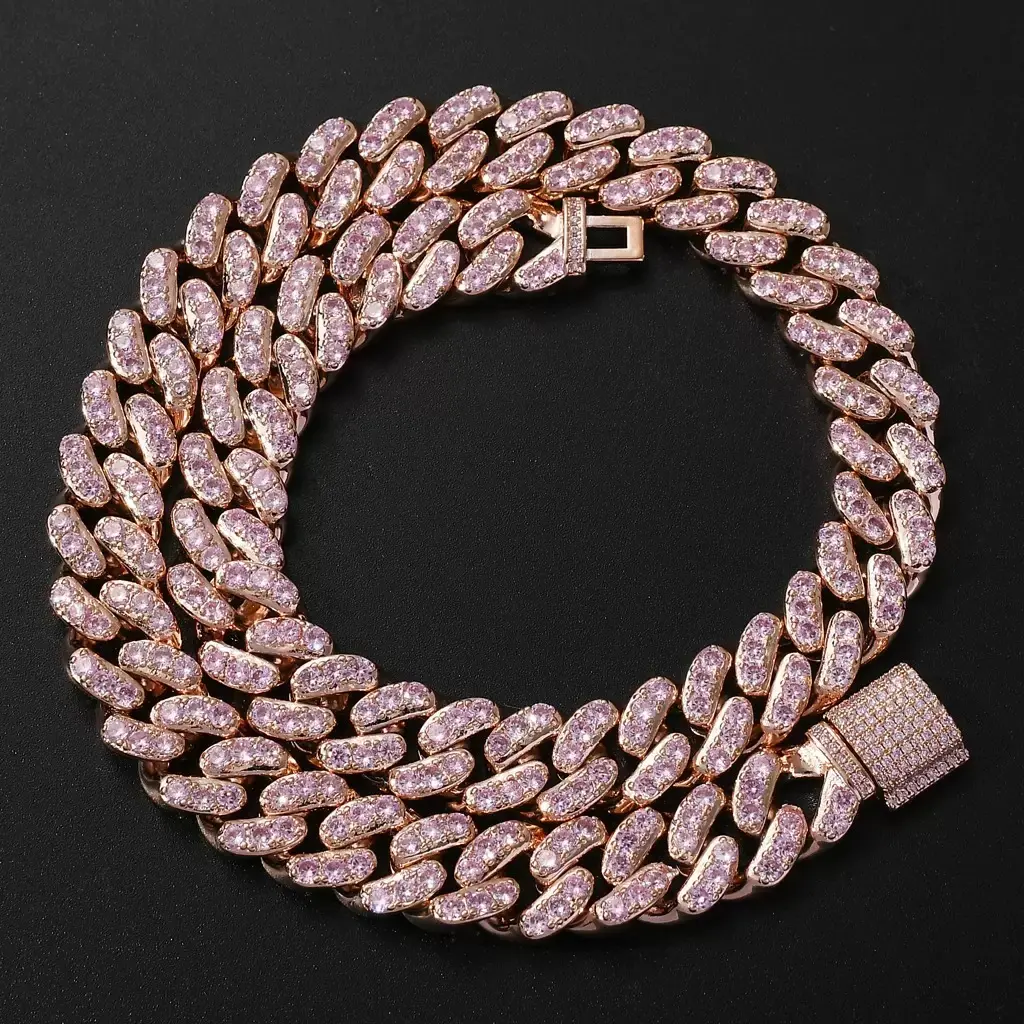 M3-9262 Thick Heavy Rose Gold Full Baguette Diamond Cuban Link Chain, Sparkly Pink Bling Choker With Fully Iced Box Lock, Luxury Hip Hop Jewelry Gift For Men Women Rappers