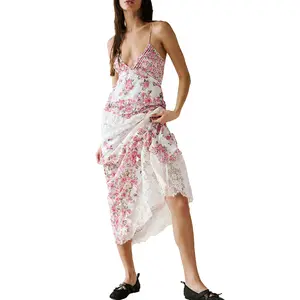 Women Summer Sleeveless Dress Casual Floral Print Lace Patchwork Backless Ruffles Party Dress for Beach Streetwear