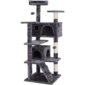 54 Inch Cat Tree, Indoor Cat Tower Condo, Multi-Level Cat House with Sisal-Covered Scratching Post + 2 Play House, Pet Cat Furniture, Grey
