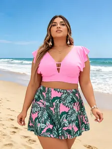 Women's Plus Size Tummy Control Tankini Set, Pink Flounce Top with Tropical Print Skirt, 2 Piece Swimsuit for Beach & Pool
