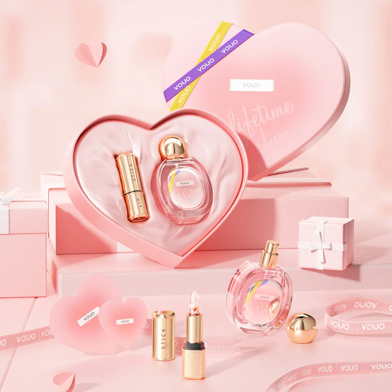 Sweet Kiss Valentine's Day Gift Box, Floral Scented Perfume + Crystal Temperature Change Lipstick, Heart Card Included
