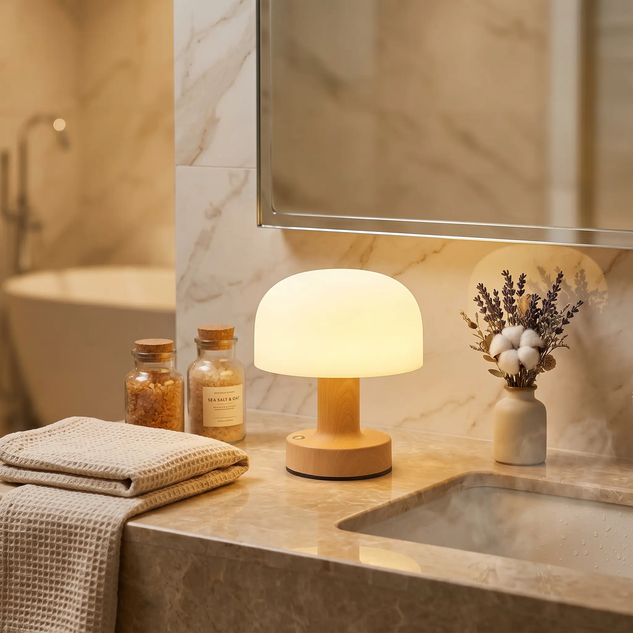 IP65 Waterproof Small Mushroom Lamp, 4000mAh Battery, 40H Long Runtime, Cordless, Touch Control, 3 Color Stepless Dimming, Spa-Like Indoor Lighting for Bathroom Bathtub Steam Room Relaxation