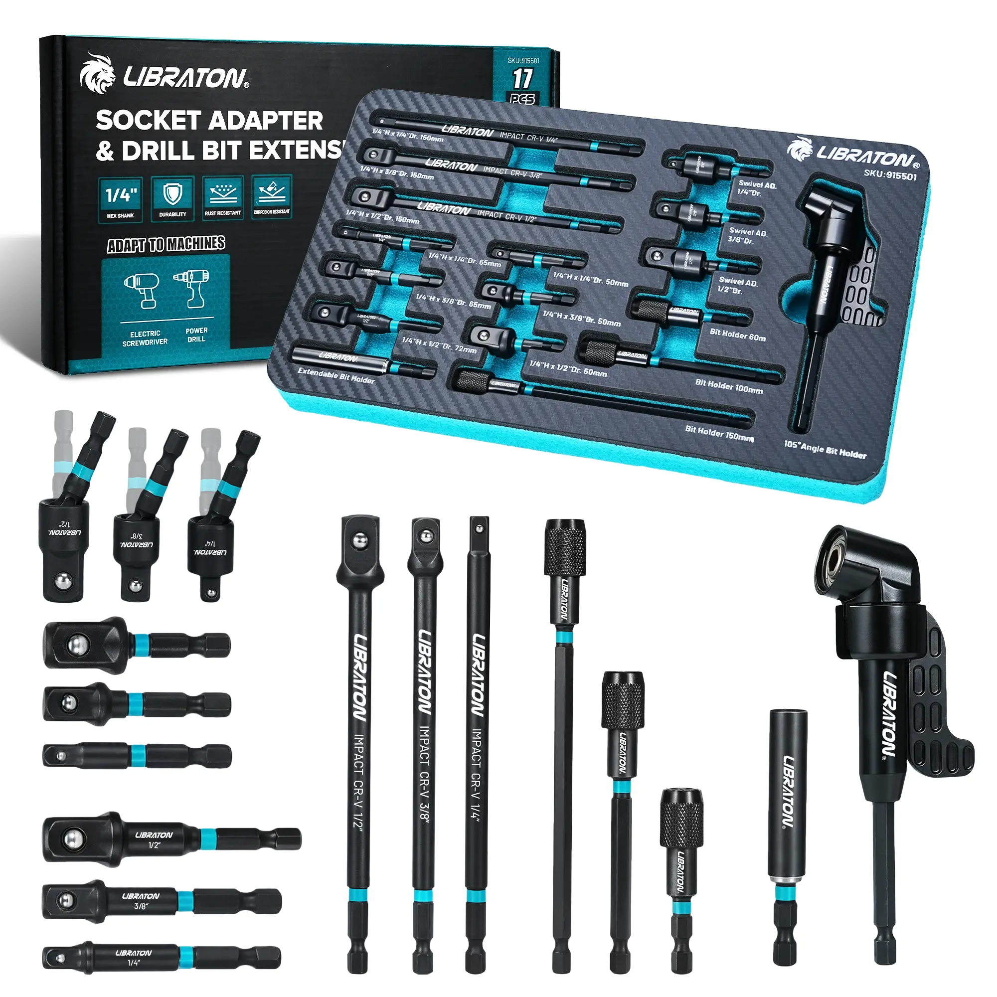 LIBRATON 17PCS Impact Socket Adapter Set, 1/4 3/8 1/2 Square Drive Socket Adapter, Drill Bit Extension, Swivel Joint, Quick Release Bit Holder, Right Angle Drill Attachment for Impact Driver & Drill