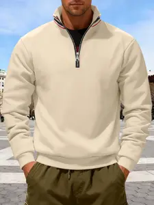Men's Half-Zip Stand Collar Sweatshirt, Colorblock Striped Neck Design, Casual Fall Winter Outerwear, Medium Thickness, Street Style