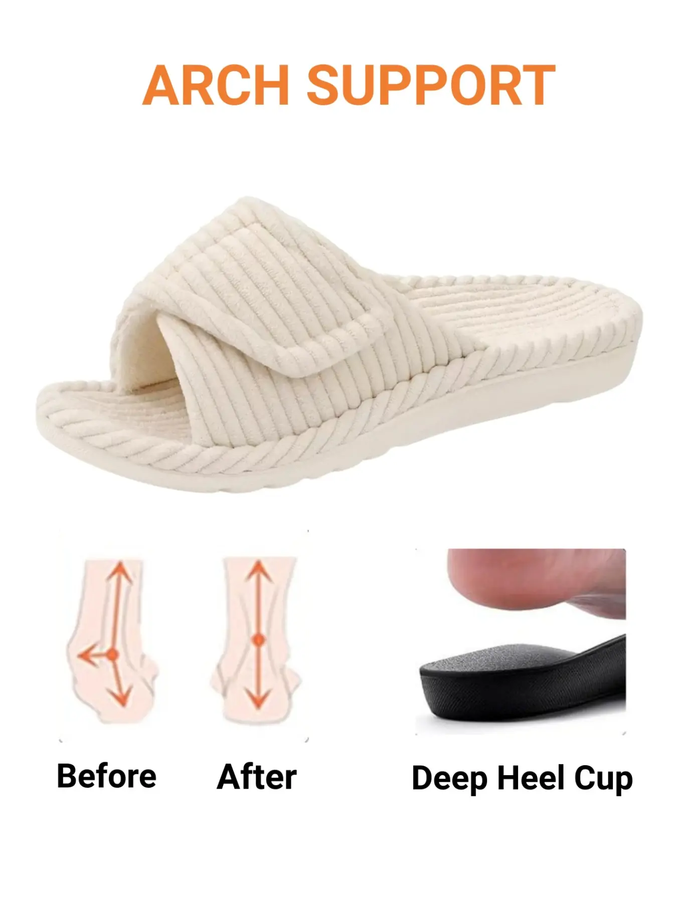 Women's Orthopedic Arch Support Slippers, Adjustable Open Toe Corduroy House Slippers, Home Slippers, Comfortable Memory Foam Cushion Sole, Lightweight Slip-On Bedroom Shoes, Classic Minimalist Design, Indoor Outdoor Versatile Shoes for All Seasons