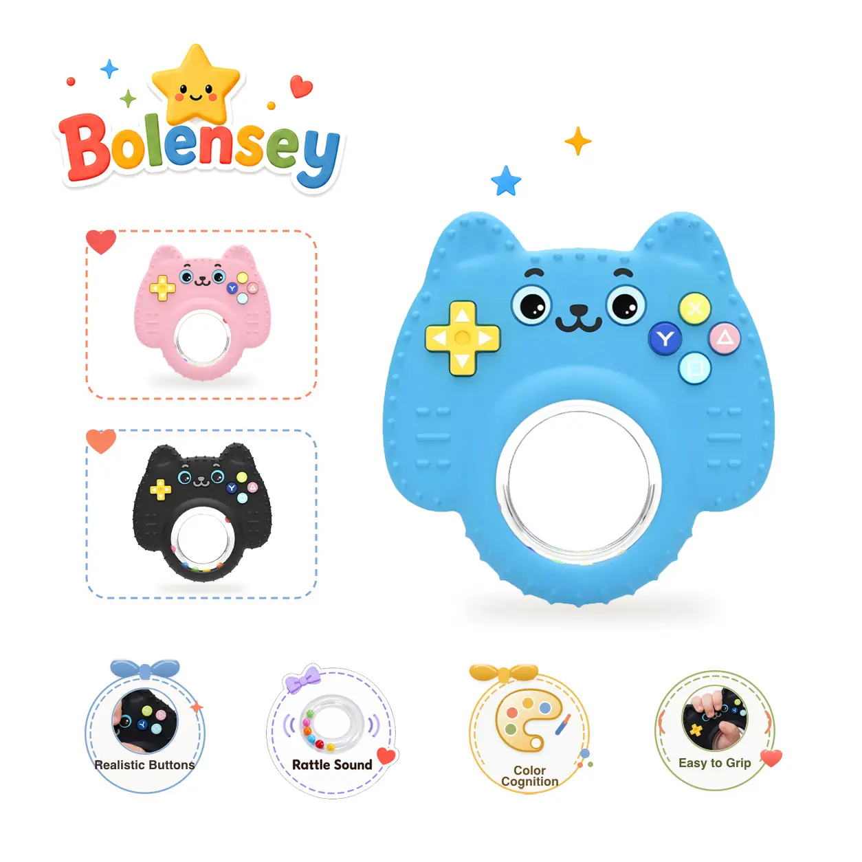 Baby Silicone Rattle Teether Toy, Game Controller Cat Shape, BPA-Free, Easy Grip Textured Chew Toy with Bead Rattle for Babies, Lightweight Sensory Teething Toy