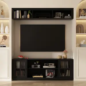FUFU&GAGA 2-Piece Wall Unit TV Stand with Bookshelves for TVs up to 65", Modern TV Console Table Media Entertainment Center with Glass Doors & Open Shelves for Living Room, Bedroom Furniture Bookcase
