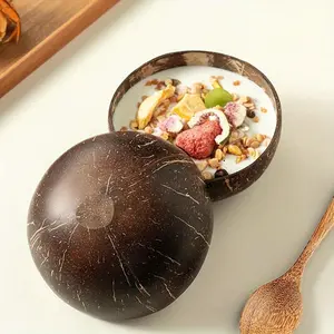 Wooden Coconut Bowl & Spoon Set, 1 Count Natural Coconut Shell Bowl with 1 Spoon, Kitchen Bowl for Vegan Organic Salad, Smoothie Or Buddha Bowl