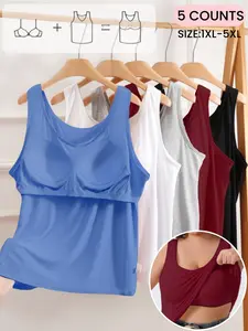 【Plus Size】 Solid Color Wireless Sleeveless Tanks, Soft Comfortable Breathable Tanks with Built in Bra, Women's Underwear for Daily Wear